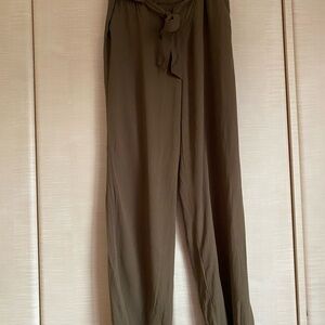 Tall High Waist Wide Leg Pant - Olive green flowy tie waist